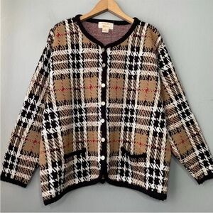 Vintage 80s Tally-Ho Chic Black & Tan Plaid Knit Cardigan Sweater Sz L
